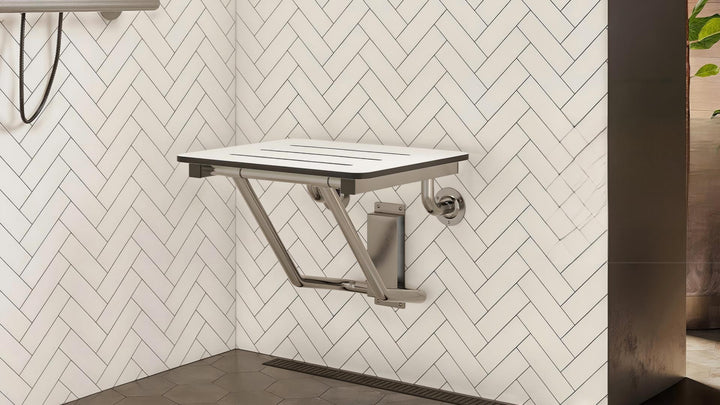ADA shower seat height and placement guide for wall mounted folding shower seat in commercial bathroom