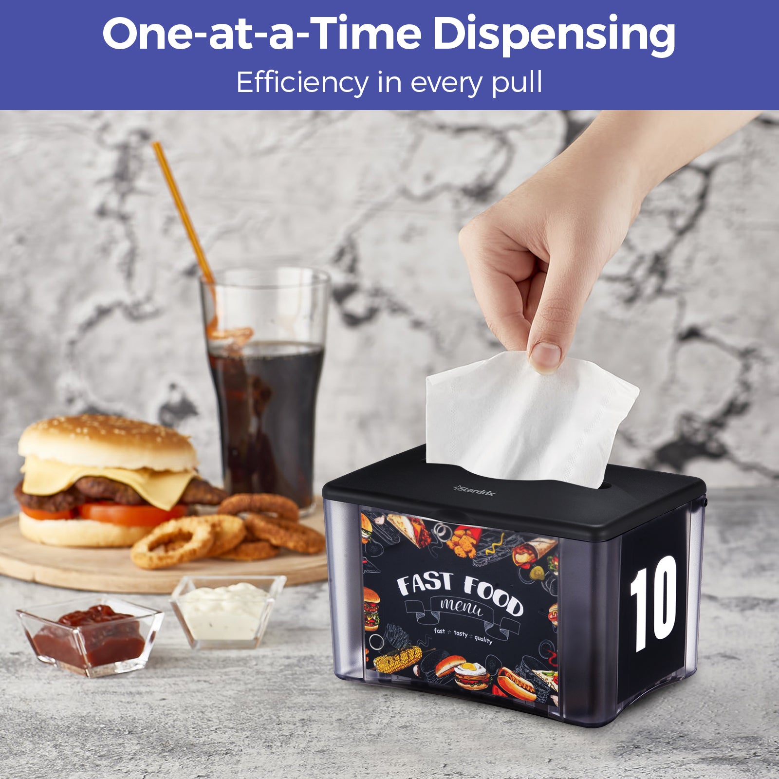 stardrix-interfold-tabletop-napkin-holder-spring-loaded-commercial-restaurant-napkin-dispenser-with-4-sided-marketing-insert-display-easy-access-black-napkin-dispenser-for-counters-tables