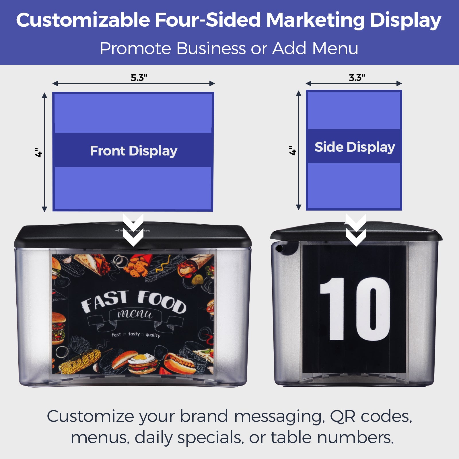 stardrix-interfold-tabletop-napkin-holder-spring-loaded-commercial-restaurant-napkin-dispenser-with-4-sided-marketing-insert-display-easy-access-black-napkin-dispenser-for-counters-tables