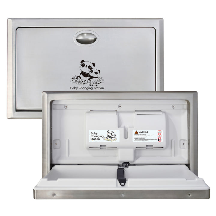 Stardrix Panda Care Stainless Steel Recessed Mounted Baby Changing Station, Heavy Duty Foldable Diaper Changing Table with Liner Dispenser and Adjustable Safety Belt for Commercial and Business
