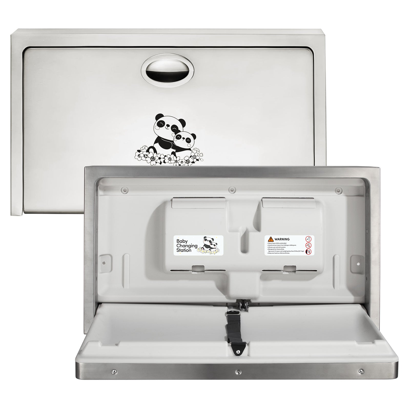 panda-care-stainless-steel-surface-mounted-baby-changing-station-heavy-duty-foldable-diaper-changing-table-with-liner-dispenser-and-adjustable-safety-belt-for-commercial-and-business