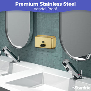 Stardrix Brushed Gold Stainless Steel Horizontal 1100ml/37oz Capacity Commercial-Grade Soap Dispenser, Wall-Mounted Bathroom Hand Soap Dispenser with Corrosion-Proof Lining and Anti-Leak Pump