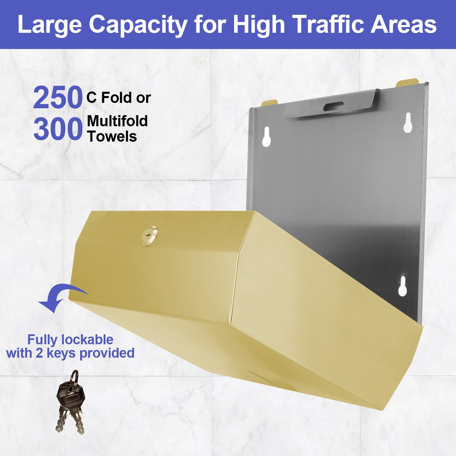 stardrix-paper-towel-dispenser-wall-mount-brushed-gold-stainless-steel-commercial-paper-towel-holder-with-lock-large-capacity-250-c-fold-300-multifold-towels