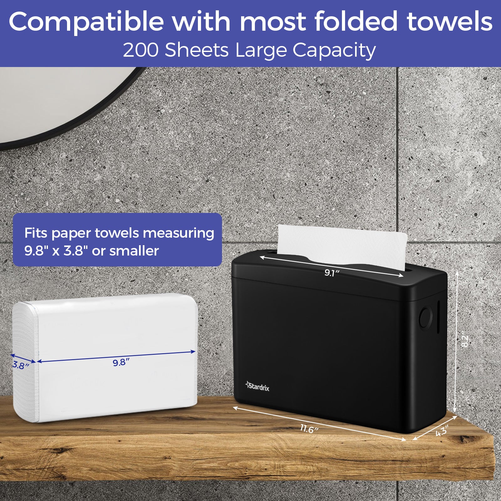 stardrix-countertop-paper-towel-dispenser-black-hand-towel-holder-for-multifold-c-fold-z-fold-towels-spring-loaded-single-sheet-dispensing-non-slip-base-compact-design-for-home-or-commercial
