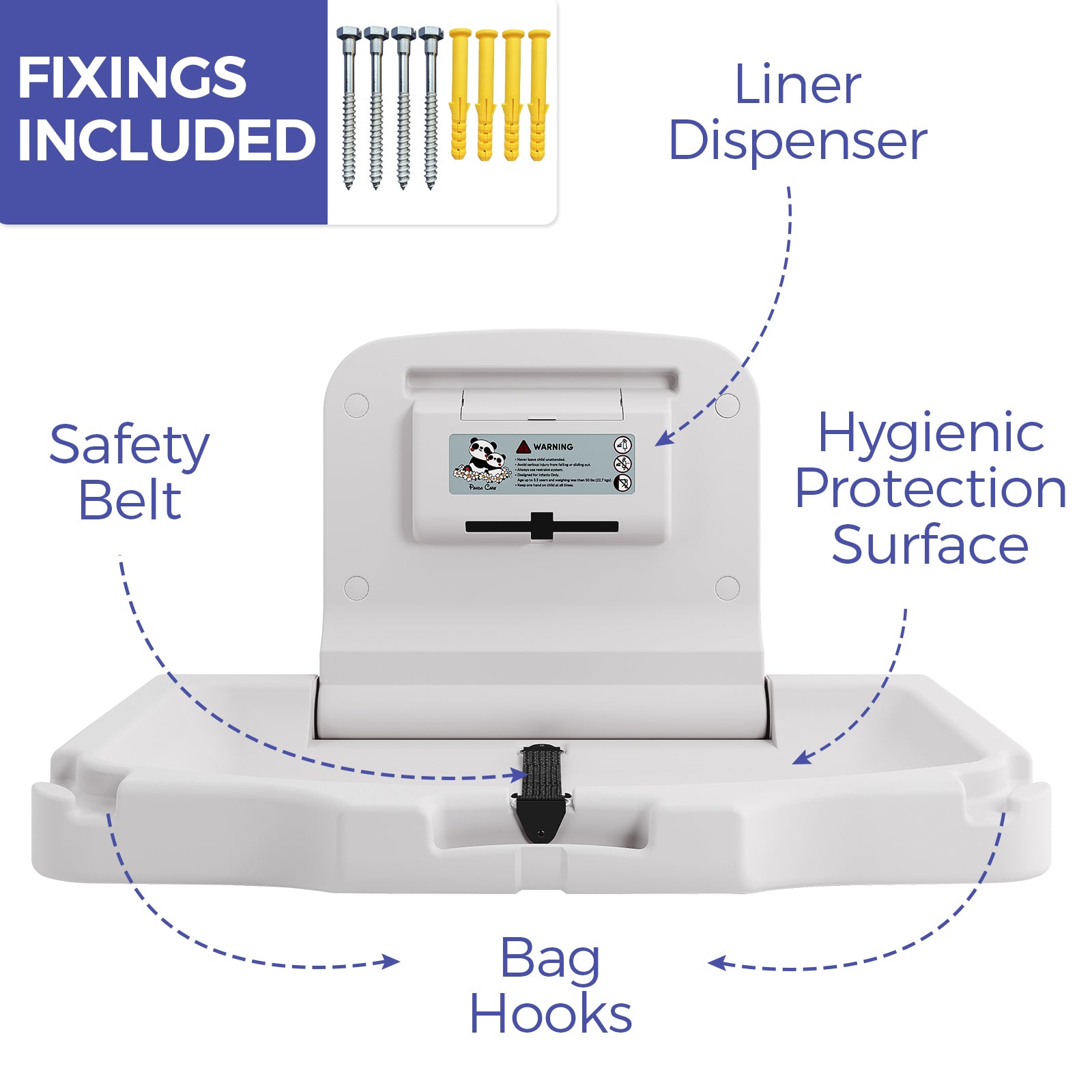panda-care-ada-compliant-horizontal-wall-mounted-baby-changing-station-foldable-diaper-changing-table-with-liner-dispenser-and-safety-straps-for-commercial