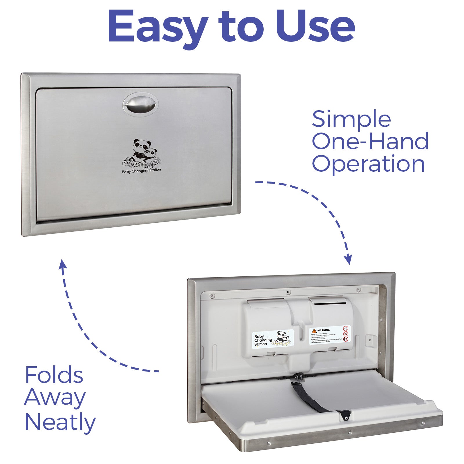 stardrix-panda-care-stainless-steel-recessed-mounted-baby-changing-station-heavy-duty-foldable-diaper-changing-table-with-liner-dispenser-and-adjustable-safety-belt-for-commercial-and-business