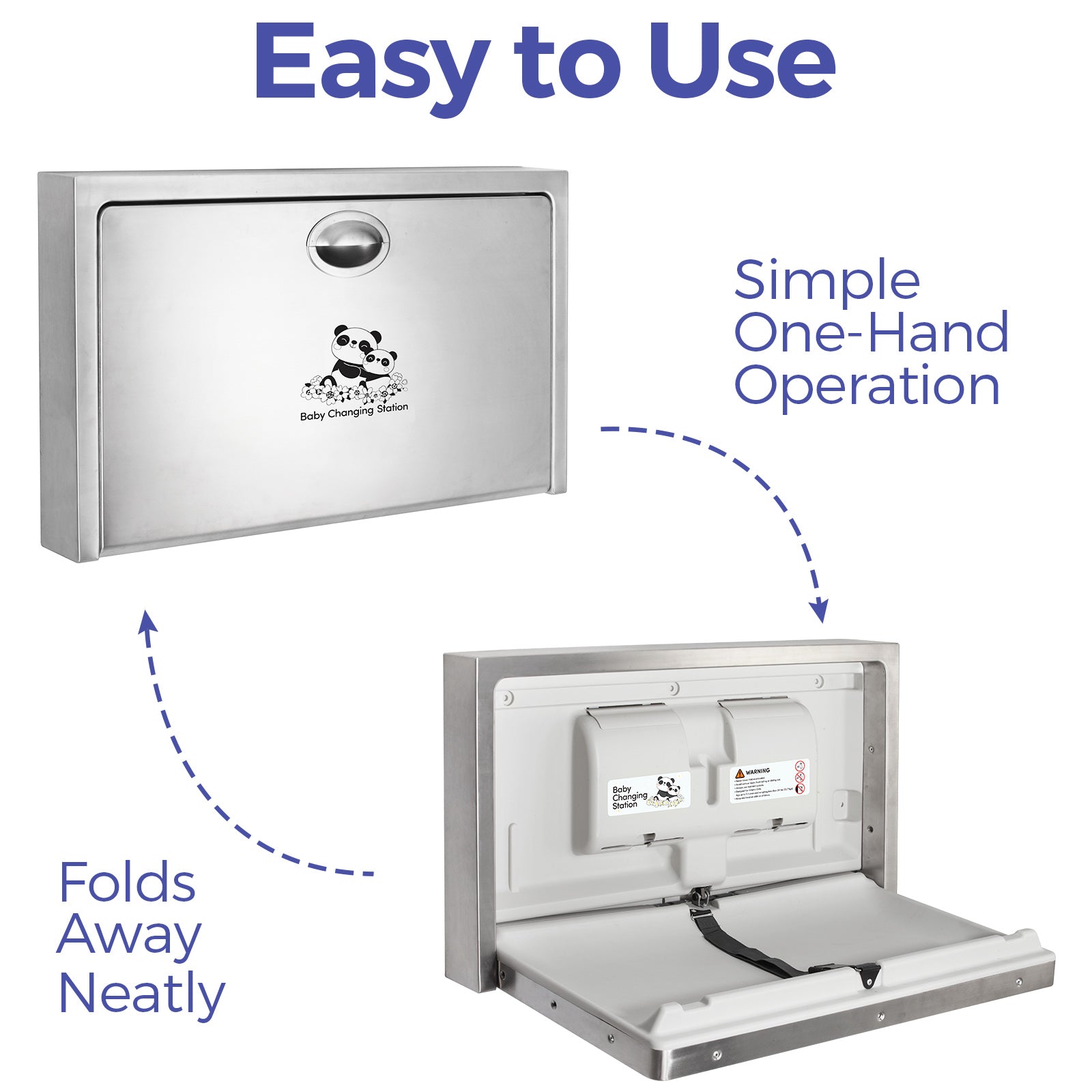 panda-care-stainless-steel-surface-mounted-baby-changing-station-heavy-duty-foldable-diaper-changing-table-with-liner-dispenser-and-adjustable-safety-belt-for-commercial-and-business