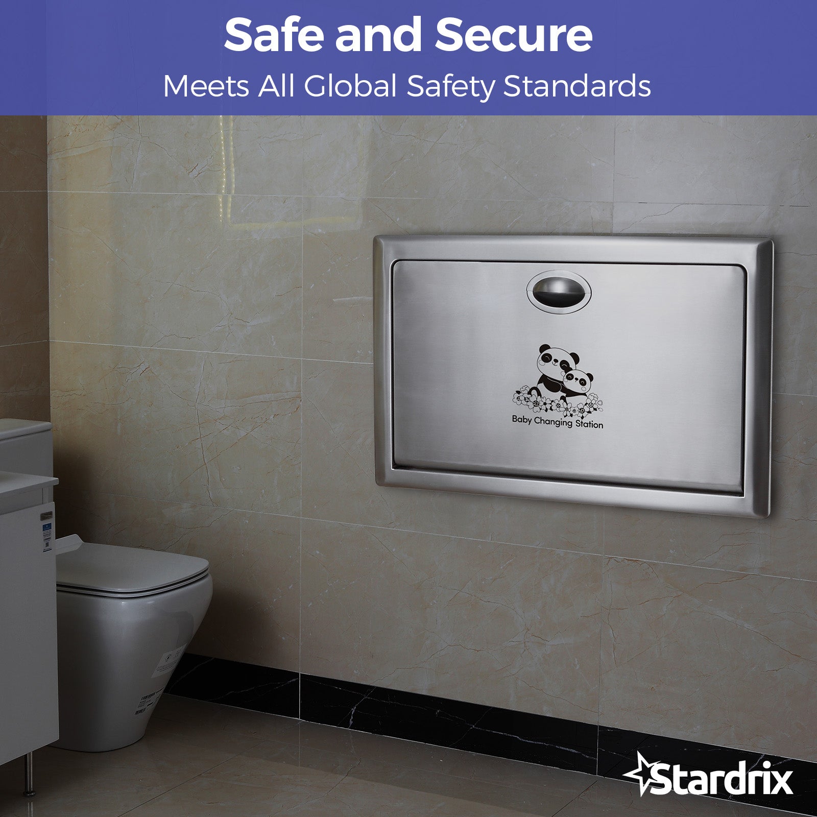 stardrix-panda-care-stainless-steel-recessed-mounted-baby-changing-station-heavy-duty-foldable-diaper-changing-table-with-liner-dispenser-and-adjustable-safety-belt-for-commercial-and-business
