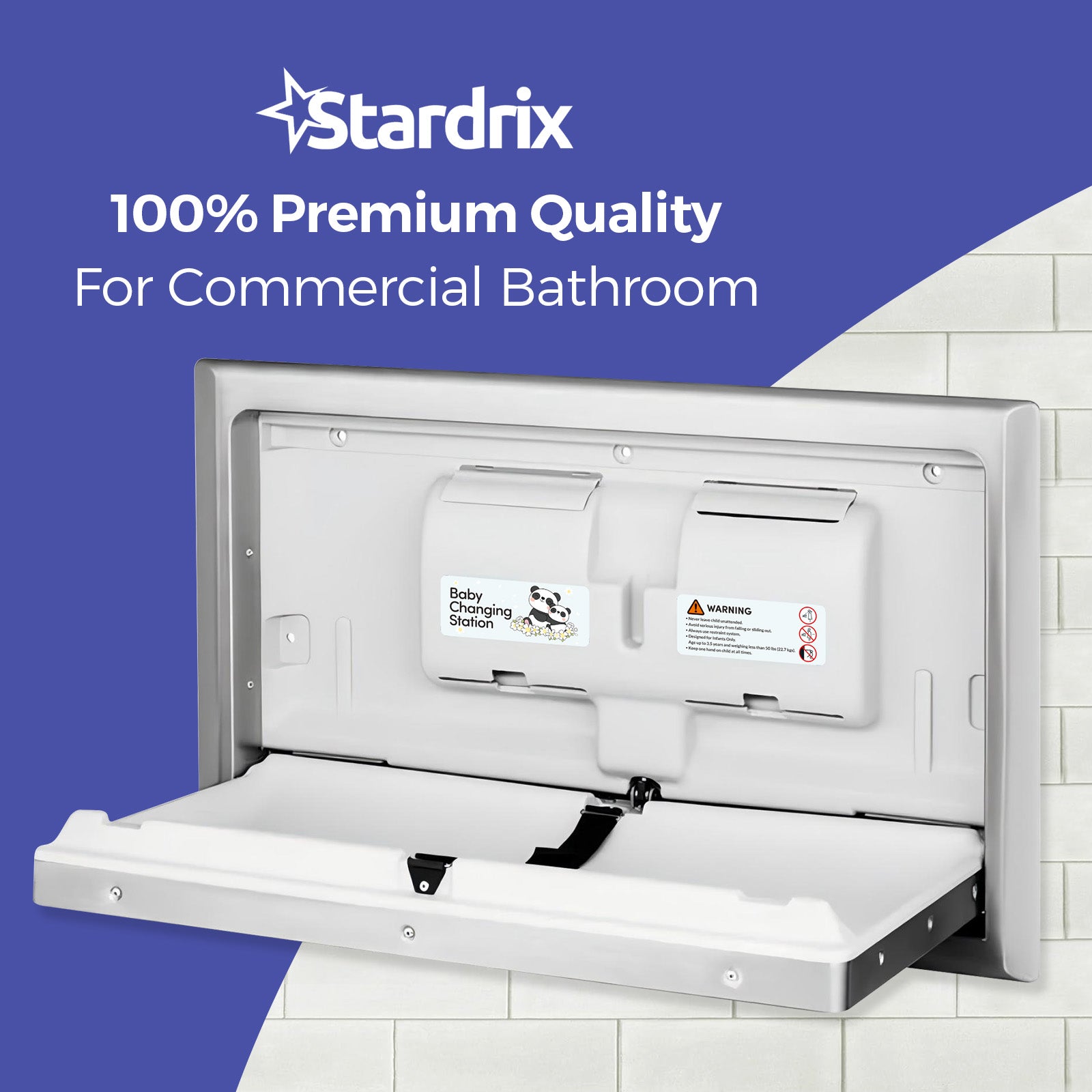 stardrix-panda-care-stainless-steel-recessed-mounted-baby-changing-station-heavy-duty-foldable-diaper-changing-table-with-liner-dispenser-and-adjustable-safety-belt-for-commercial-and-business