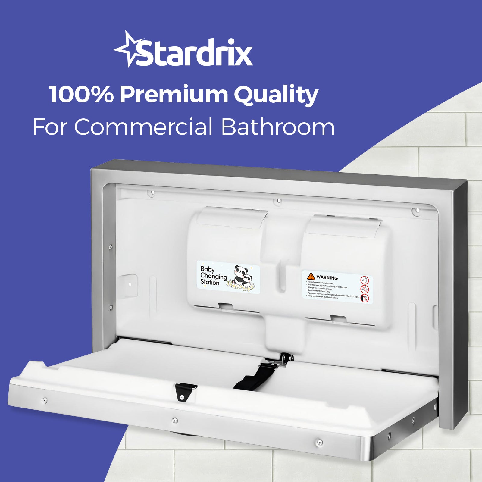 panda-care-stainless-steel-surface-mounted-baby-changing-station-heavy-duty-foldable-diaper-changing-table-with-liner-dispenser-and-adjustable-safety-belt-for-commercial-and-business