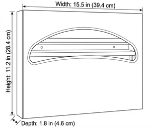 Black and white line drawing showing the dimensions of a rectangular product with a curved cutout, labeled with width, height, and depth measurements.