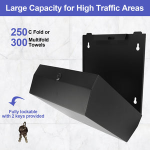 ST-250B wall mount paper towel dispenser capacity graphic showing 250 c fold and 300 multifold towels
