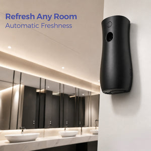 Black auto spray air freshener placed on a shelf in a modern room
