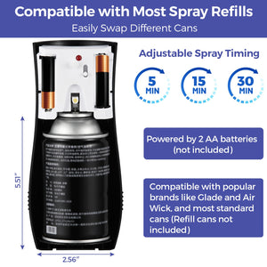 Black auto spray air freshener compatible with standard aerosol refill cans
