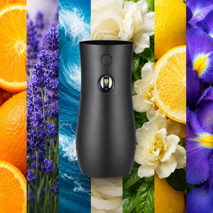 Black automatic air freshener dispenser wall mount shown with fragrance scent imagery
