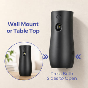 Automatic air freshener spray dispenser wall mounted or freestanding on a tabletop
